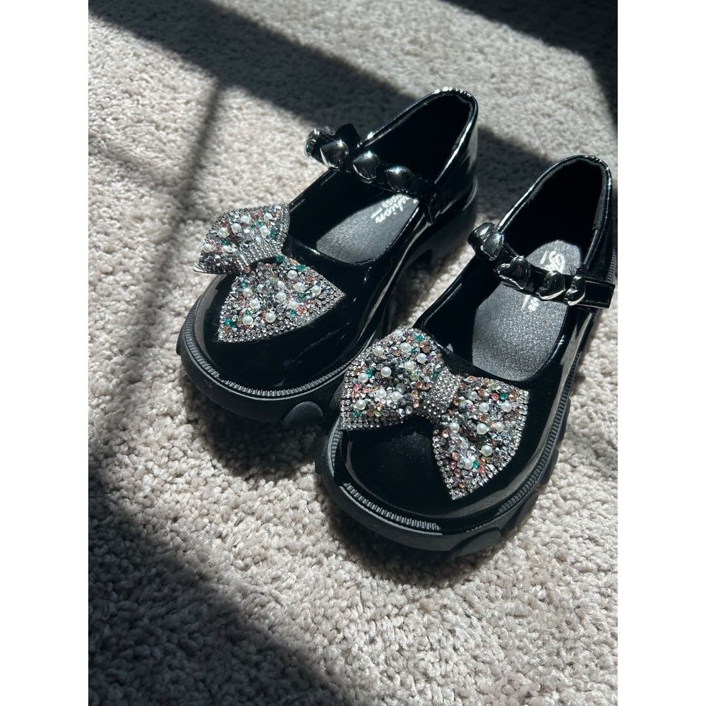 Girls Black Patent Mary Jane Shoes Bow Rhinestone Dress Shoes Size 13 Kids - Picture 6 of 7
